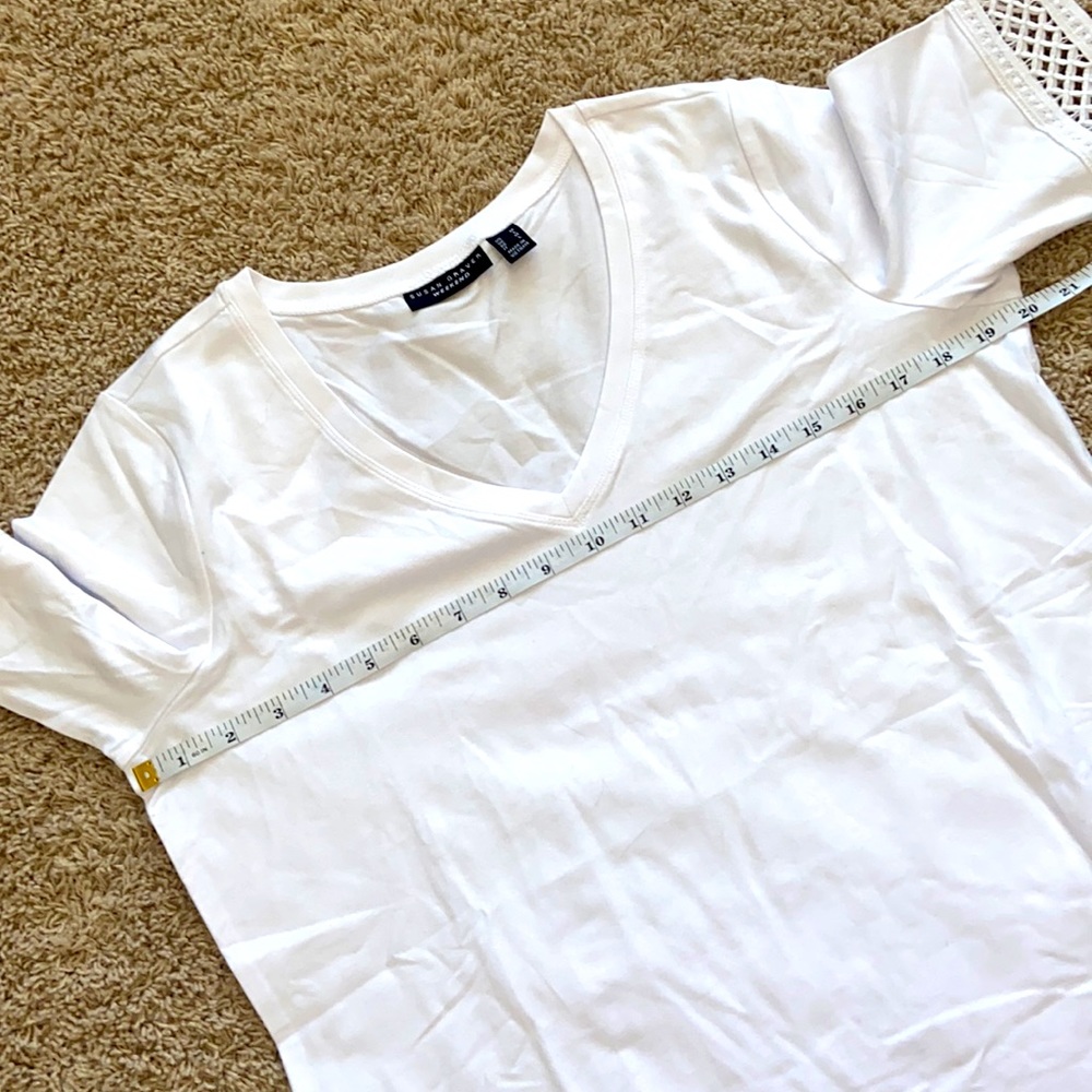 Susan Graver Weekend Cotton Modal Elbow Sleeve Top with Crochet Trim ~ White - Picture 6 of 7